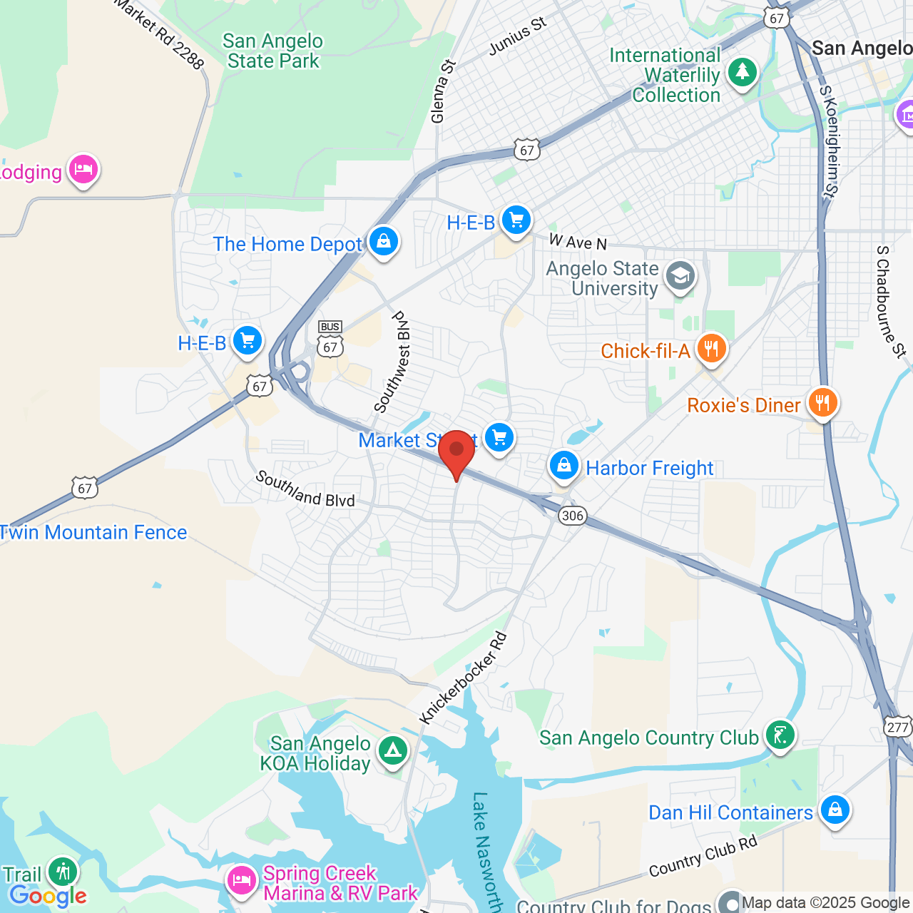 Google map image of our location in 4331 College Hills Blvd San Angelo, TX